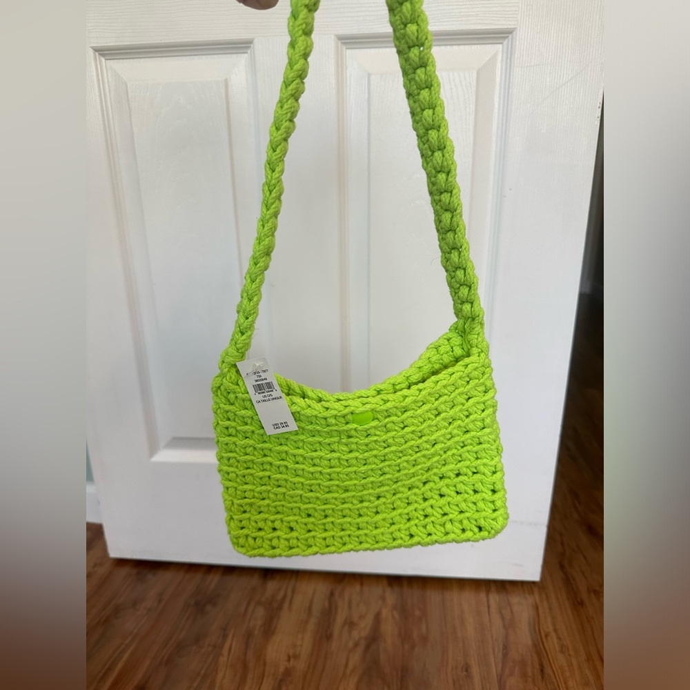 Aerie Lime Green Crochet Bag magnetic close